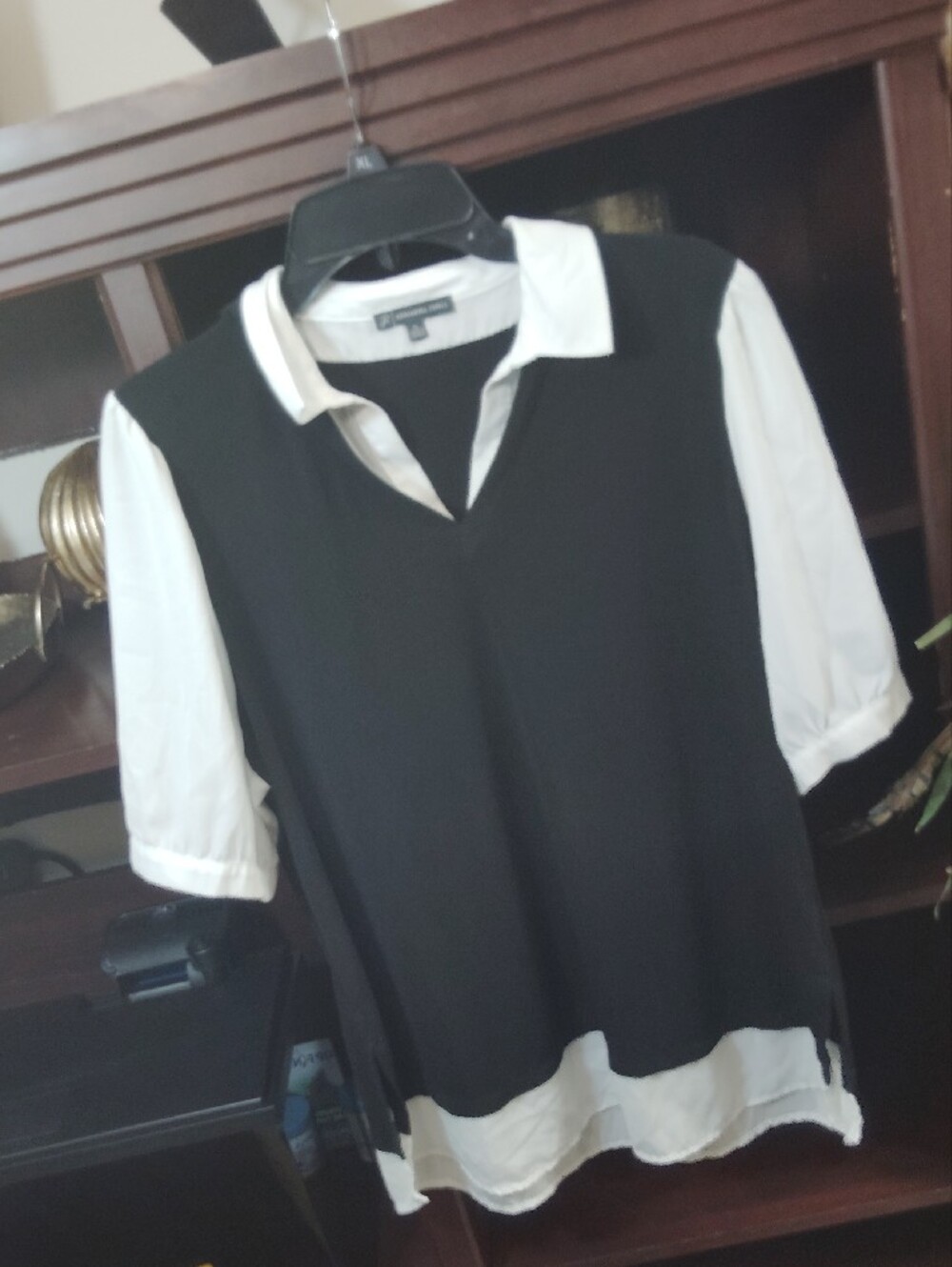 Adrianna Papell Black Layered-Look Blouse with White Collar and Sleeves - Picture 3 of 7